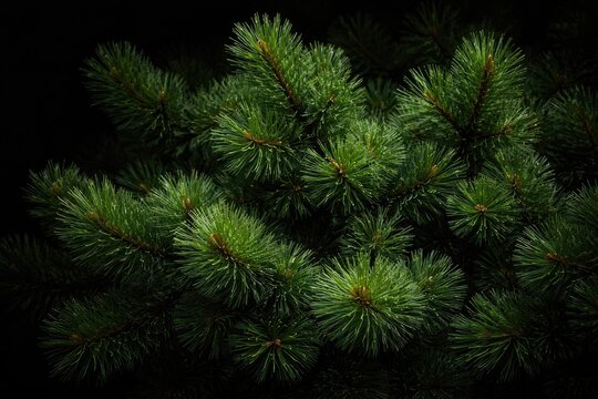 Lush pine greenery displayed with natural texture on black background for nature projects