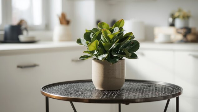 A flourishing green clusia plant in a ceramic pot placed on a stylish metal table in a bright daytime kitchen scene