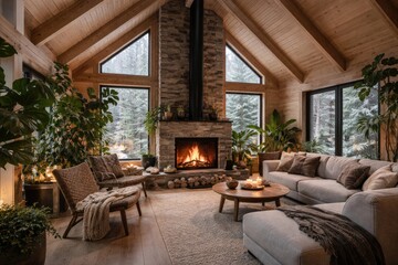 Fototapeta premium Holiday timber home with stylish Scandinavian design and inviting fireplace surrounded by indoor plants