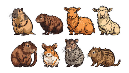 Fototapeta premium Collection of Rodent Family: A charming group of various rodents and related animals including guinea pigs, hamsters, and sheep, illustrated in a delightful cartoon style.
