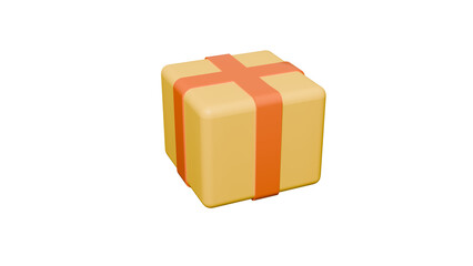 Obraz premium 3D render of yellow gift box with smooth rounded corners and orange ribbon, isolated on transparent background, clean stylized design for packaging, celebration, and digital art visualization. png