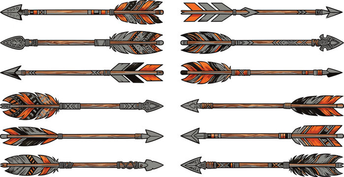 A professional collection of detailed tribal archery arrows with decorative feathers and stone arrowheads for ethnic designs