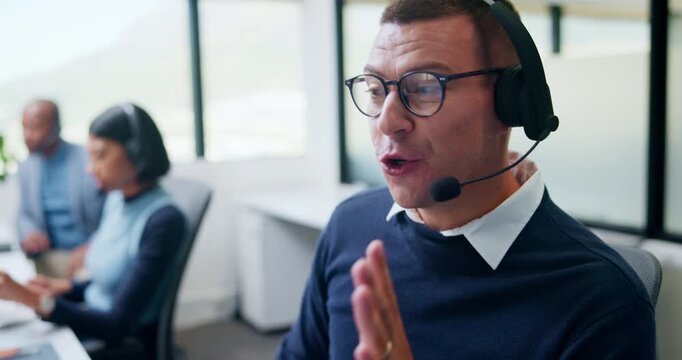 Call center, headset and man with customer support, advice or virtual communication in office. Tech agent, person or happy consultant with talking for help desk, problem solving or website service