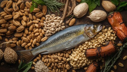 Obraz premium Brain power boosting superfoods including nuts seeds herbs and fish rich in essential vitamins