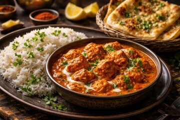 Fototapeta premium Rich Chicken Tikka Masala Dish with Fluffy Rice and Buttery Naan