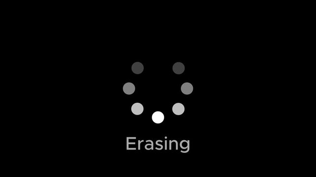 Privacy and data management UI showing erasing process status on black background, with video animation.