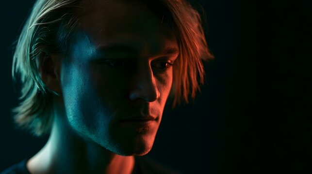 A dramatic portrait focusing on the silhouette and texture of hair under intense futuristic lighting