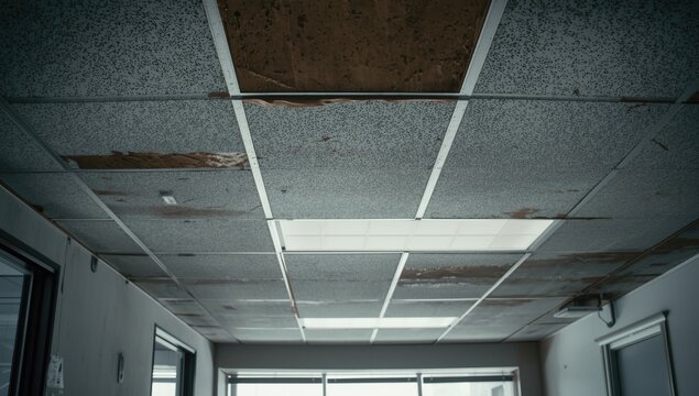 Damaged Ceiling Tiles in Office Interior Water Stains, Overhead Perspective, Gray Tones