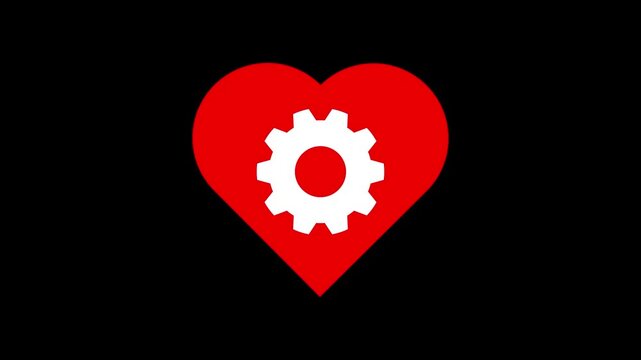 Heart with Gear Icon Animation on Black Background. Animated Video 4K