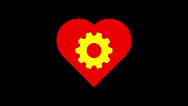 Heart with Gear Icon Animation on Black Background. Animated Video 4K