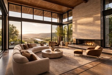 Obraz premium Trendy living space furnished with designer pieces, lofty windows, and sweeping landscape views