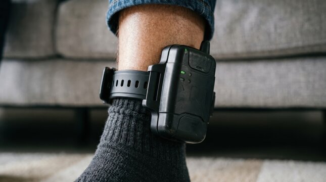 Man wearing electronic surveillance anklet on leg. GPS ankle monitor for house arrest or criminal parole tracking. Device for law enforcement monitoring and judicial system supervision.