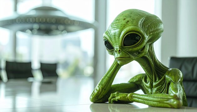 Alien Encounter in Office: An extraterrestrial being with large eyes and green skin sits thoughtfully in a modern office setting, contemplating its next move.