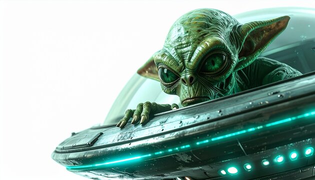 Alien Encounter in Futuristic Craft: A mysterious green alien with large, piercing eyes peers from the cockpit of a sleek, futuristic spacecraft, illuminated by vibrant neon lights.