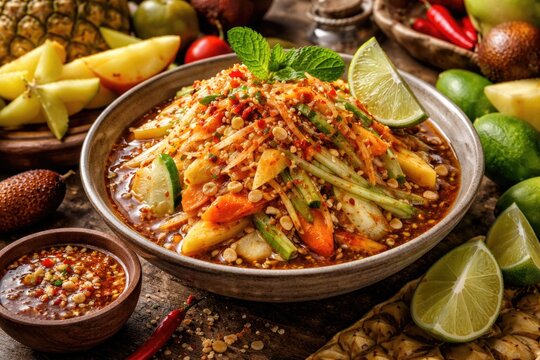 Appetizing presentation of Rujak Aceh showcasing a blend of shaved tropical fruits with hot and sour sauce