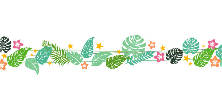 Summer tropical illustration. Summer green and tropical leaves decorative illustration for summer background, banner, graphic design, summer time vector illustration.