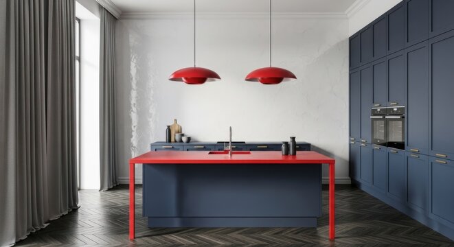 Stylish modern kitchen interior with deep blue cabinetry, vibrant red kitchen island, contemporary design, and herringbone floor
