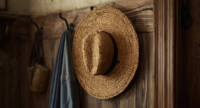 Amish style straw hat hanging on a rustic hook in a colonial era mudroom replica