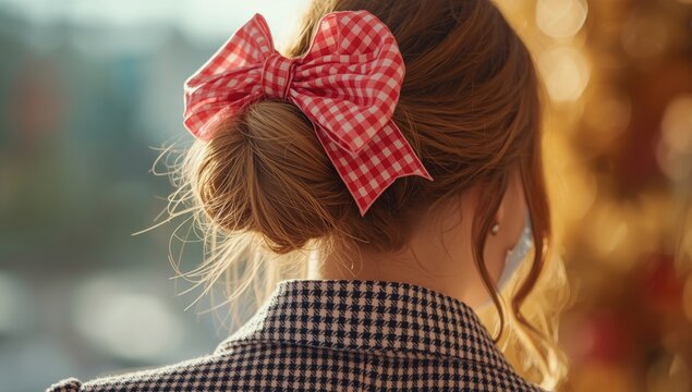 Chic Hair Bow on Elegant Bun Soft Focus Background, Warm Light