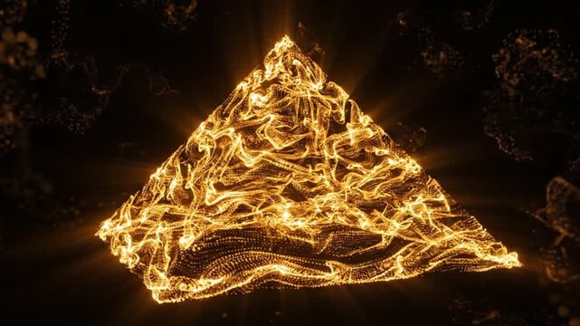 Abstract glowing golden pyramid shape with intricate fiery patterns and radiant light beams in dark space