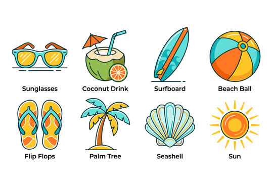 Summer Vacation Icon Set with Beach Objects and Tropical Elements