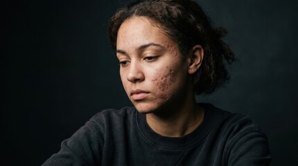 Fototapeta premium Sad young woman with acne skin condition looking down. Portrait of female with dermatological problem feeling insecure. Concept of skincare, body positivity, self acceptance and mental health.