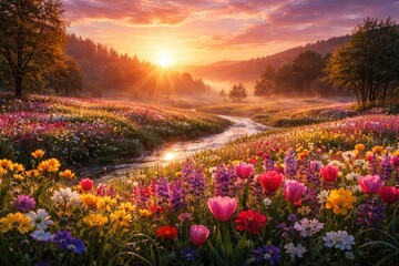 Fototapeta premium Radiant spring flowers spread across a tranquil landscape under vivid sunrise hues