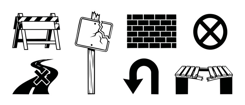 Roadblock obstacle icons vector set representing barrier warnings, broken bridge, U-turn arrow, brick wall, damaged signpost, and dead end signs for business challenges concept design graphic theme.