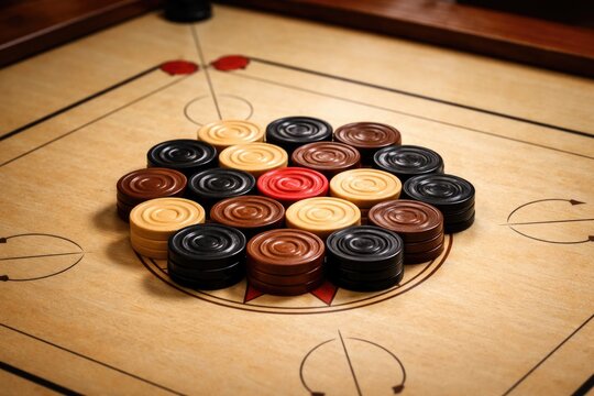 Set of tri color carrom coins positioned for a match