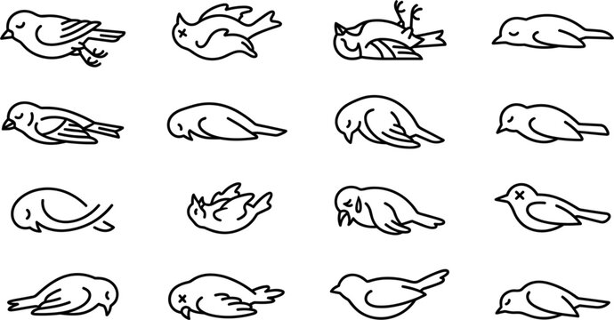 Dead and Sick Bird Line Icon Set with Deceased Injured and Dying Avian Wildlife Symbols for Environmental Protection and Education Graphic Designs