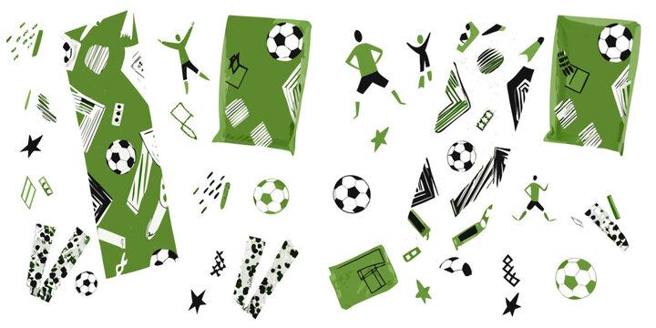 Soccer themed vector pattern with players balls and goals
