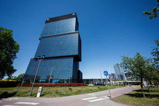 Modern business KTW skyscraper and office tower in Katowice, Poland with reflective glass facade and urban streetscape
