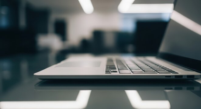 Close-up side view of an open modern laptop with illuminated keyboard in an office environment