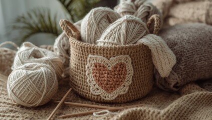 Obraz premium Appealing handcrafted crochet setup with women's neutral yarn in jute basket and heart motif knitting needles