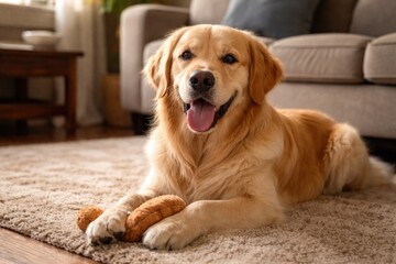 Playful golden retriever resting inside on a plush rug near an upholstered sofa © AkuAku