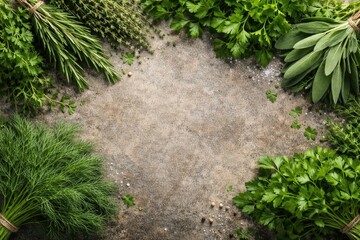 Obraz premium Top perspective of fresh green herbs rosemary thyme dill parsley and sage on a textured background including copy space