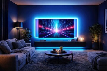Fototapeta premium Trendy lounge featuring a bold blue wall and LED glowing TV screen