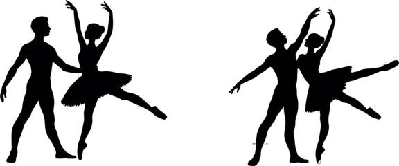 Ballet dancer silhouette illustration vector design, male and female dancers performing classical ballet poses isolated background © Puley