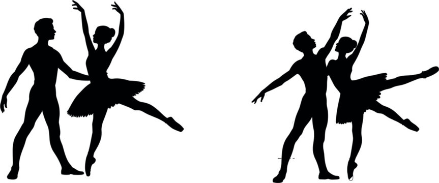 Ballet dancer silhouette illustration vector design, male and female dancers performing classical ballet poses isolated background