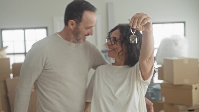 Woman holding a key and smiling with man among packed moving boxes in a new home building; new beginning joy.