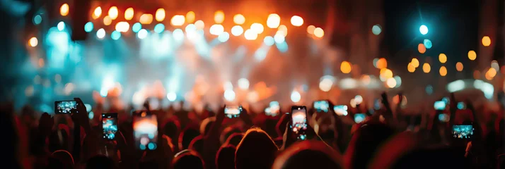 Crowd watching a concert with hands holding up phones recording the event © Bagus