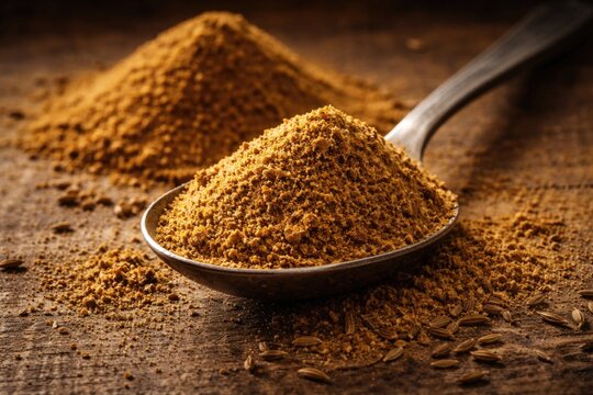 Metal spoon heaped with crushed dry cumin powder on a rustic background