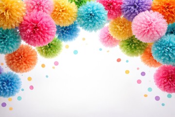 Fototapeta premium Multicolored paper pom poms decoration for event parties isolated on white with ample copy space