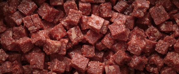 Obraz premium Box of red meat cubes arranged for communal festive meal