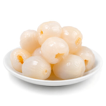 Peeled lychee fruits on a tiny white plate, isolated on pure white background, glossy translucent texture