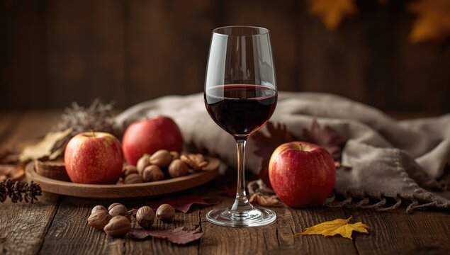 Autumn Wine Tasting Setup with Red Wine Glass Wooden Table, Apples, Nuts, Leaves