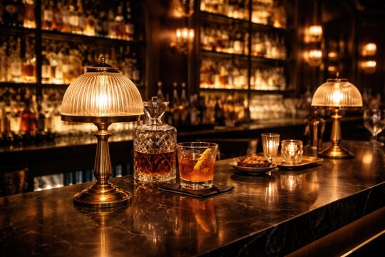 metal tabletop featuring retro lamps with a sophisticated bar setting behind