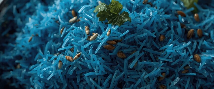 Blue Nasi Ulam Rice Garnished with Herbs Close-Up, Unique Color, Culinary Heritage