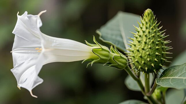 Datura flower video close up showing a beautiful white trumpet blossom blooming next to green spiky seed pods on a leafy branch swaying gently under warm morning sunlight.