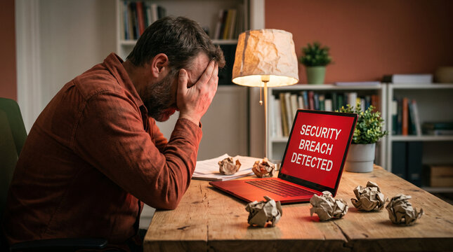 Stressed businessman facing data breach cyber security error message